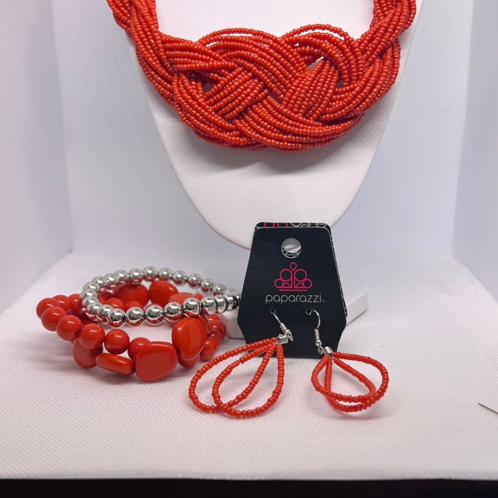 Paparazzi Standing Ovation Orange Beaded Necklace Earrings Bracelet Jewelry Set